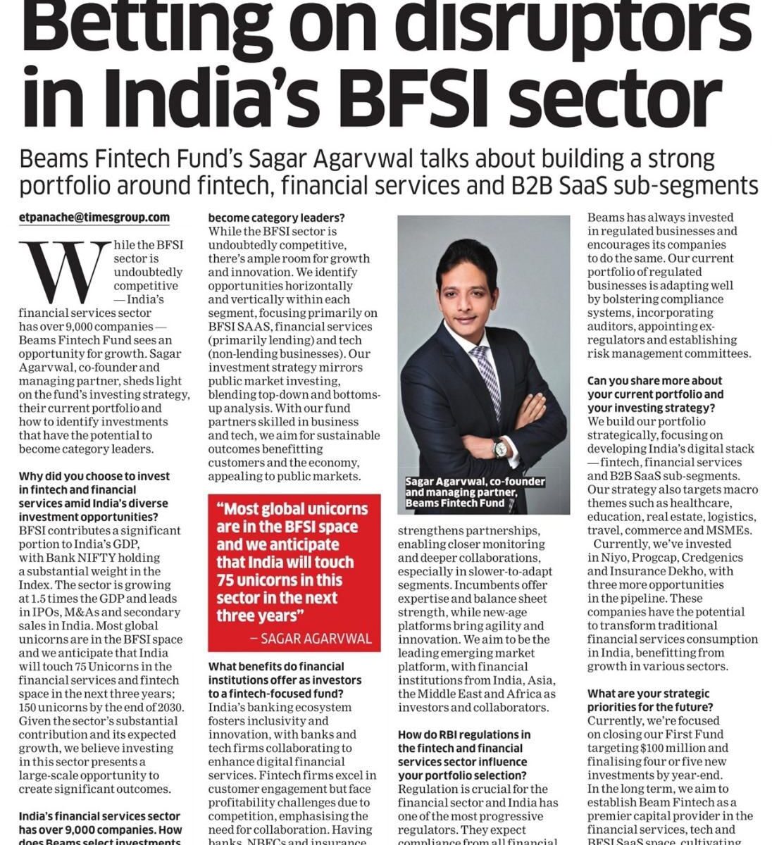Betting on disruptors in India’s BFSI sector: Insights from Beams Fintech Fund, Sagar Agarvwal