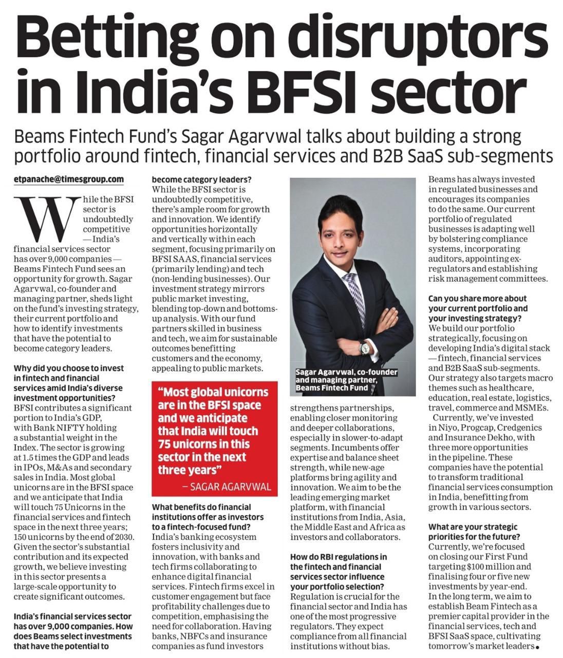 Betting on disruptors in India’s BFSI sector: Insights from Beams Fintech Fund, Sagar Agarvwal